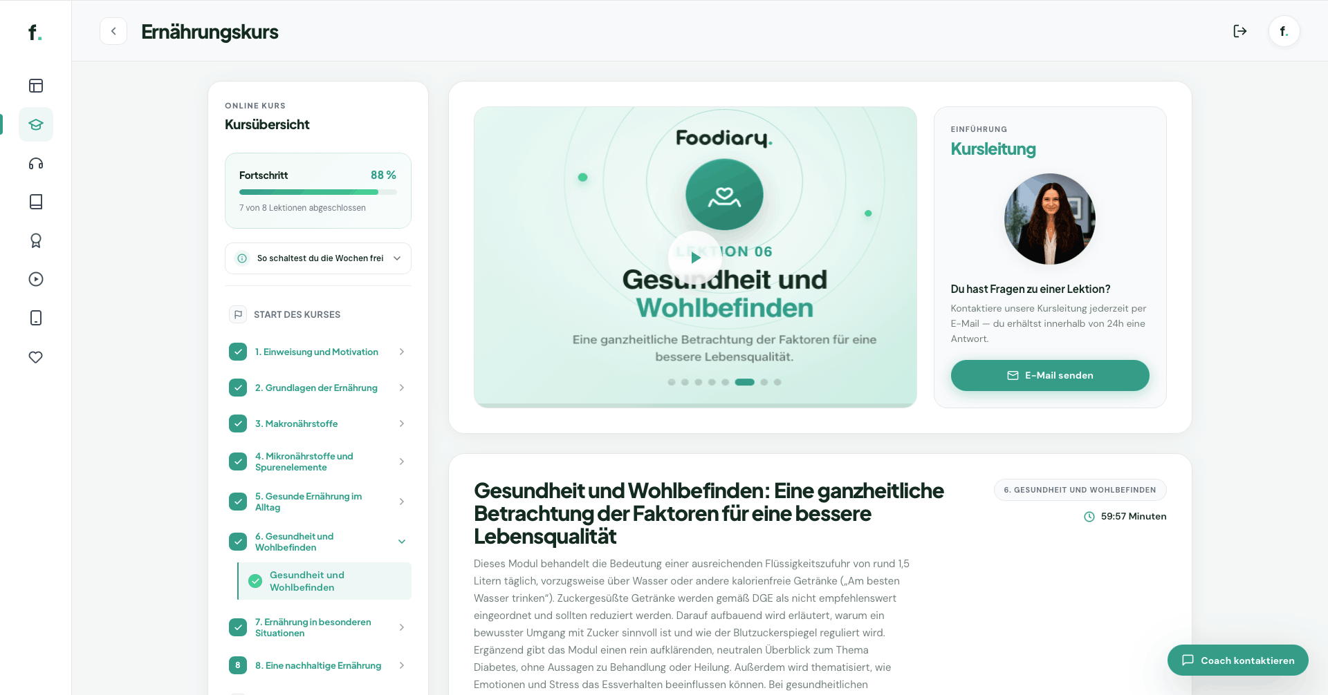 Ansicht einer Lektion in der Foodiary Lernacademy